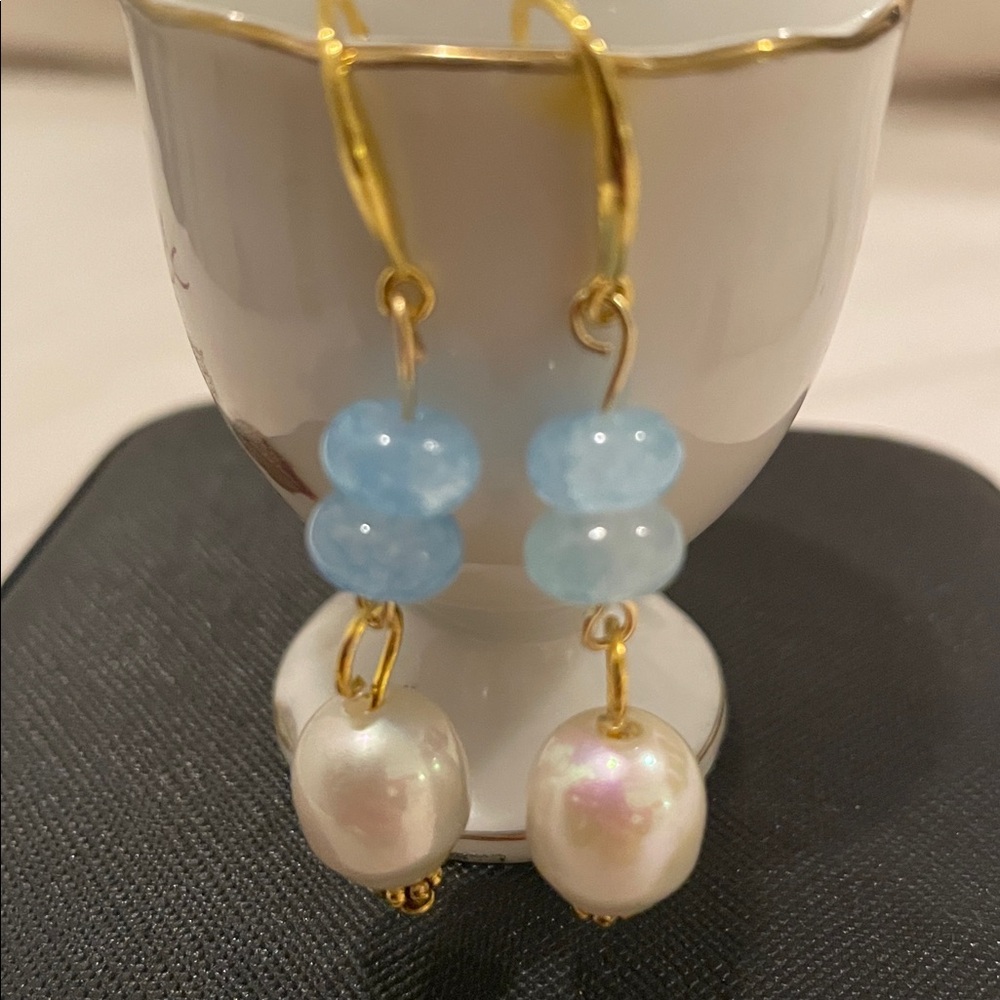 Elegant sterling 925 Gold and aquamarine  Pearl Drop Earrings - Picture 5 of 10